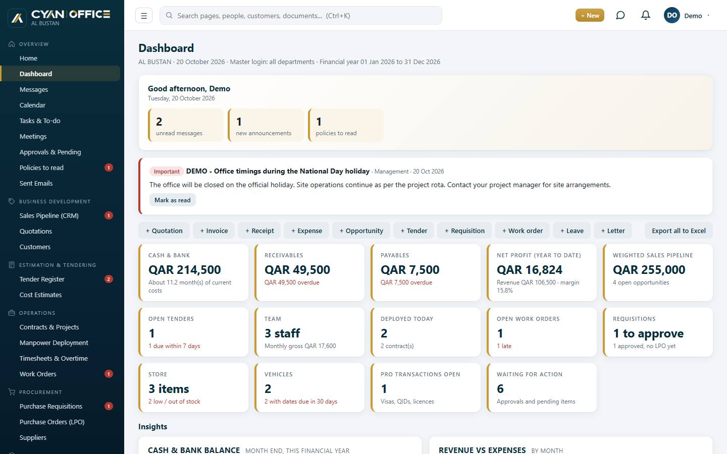 Cyan Office dashboard